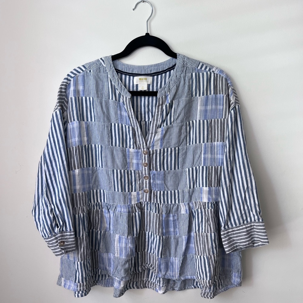Anthropologie Maeve Zoe Swing Cotton Blouse Blue Patchwork